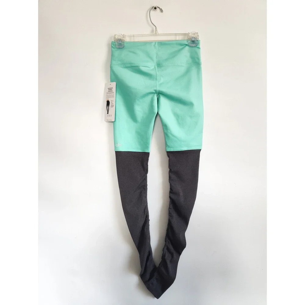 New Alo Yoga Legging XS Goddess Ribbed Island Green Stormy Heather Colorblock
